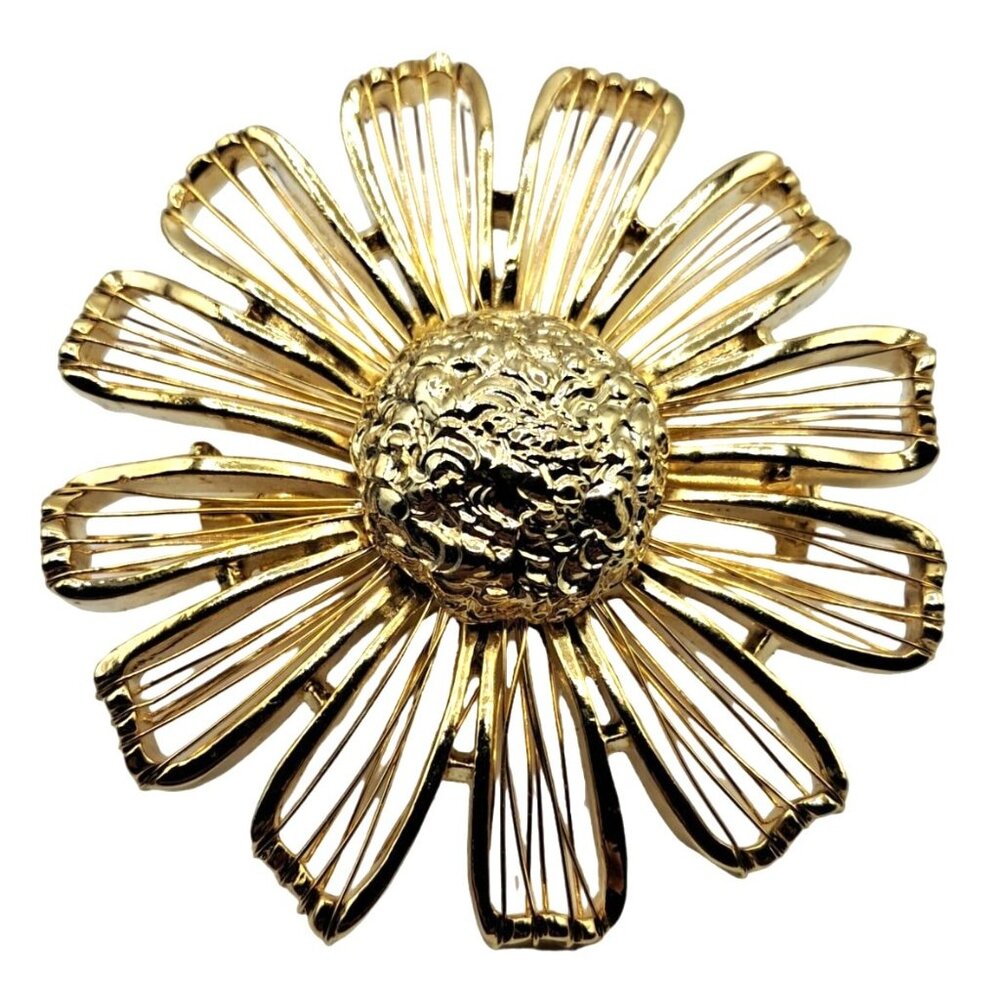 Vintage Gold Tone Flower Brooch Signed M Jent Wire Work Floral Figural Pin Jewel